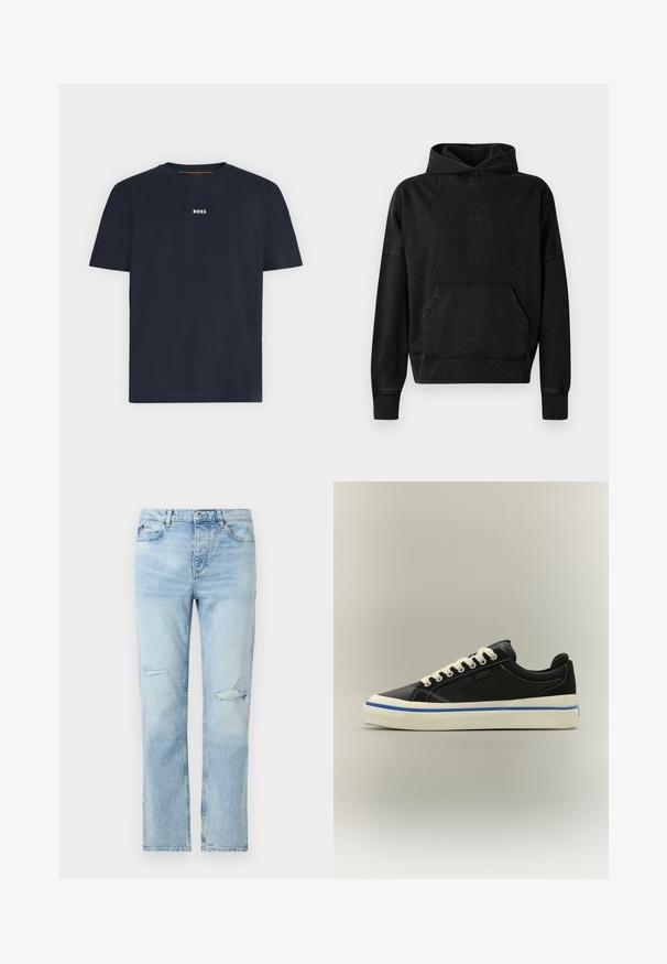 Sort hættejakke med frontlomme, ribbede manchetter og kant. Har et minimalistisk design med et lille "WON" logo på brystet. Blødt stof.; Marineblå kortærmet T-shirt med rund hals og lille hvid "BOSS"-logo centreret på brystet.; Lyseblå denimjeans med lige pasform, knaplukning, forlommer og små slidte revner på begge lår.; Sort lavsko med hvide snørebånd, hvid sål med blå stribe og "HUGO" logo på siden mod en ensfarvet baggrund.