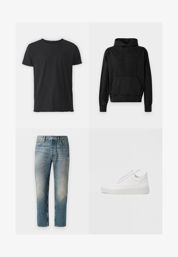 Zwarte hoodie met een voorzak, ribbels aan de mouwen en de onderkant. Heeft een minimalistisch ontwerp met een klein "WON"-logo op de borst. Zachte stof.; Zwarte korte mouwen t-shirt gemaakt van zacht katoen, met een klassieke ronde halslijn en een gladde textuur, met een rechte snit.; Lichtblauwe denim jeans met een rechte snit. Met een knoopsluiting, vijf zakken en subtiele vervagings en wassing op de dijen.; Witte leren sneaker met een afgeronde neus, platte zool en veters aan de voorkant. Voorzien van stikseldetails en een gevoerde kraag voor comfort.
