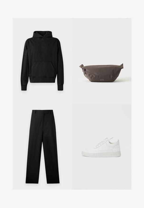 Schwarze Kapuzenjacke mit einer Fronttasche, gerippten Bündchen und Saum. Hat ein minimalistisches Design mit einem kleinen "WON"-Logo auf der Brust. Weicher Stoff.; Schwarze Baumwollhosen mit geradem Bein, ausgestattet mit einem vorderen Knopfverschluss und Seiten Taschen. Glatte Textur, keine Muster.; Weißer Ledersneaker mit abgerundetem Zehenbereich, flacher Sohle und Schnürverschluss. Verfügt über Nahtdetails und einen gepolsterten Kragen für zusätzlichen Komfort.; Dunkelbraune Stoff-Gürteltasche mit diagonalem Reißverschlussfach und kleinem weißen Logo vorne, vor einem einfarbigen hellen Hintergrund.