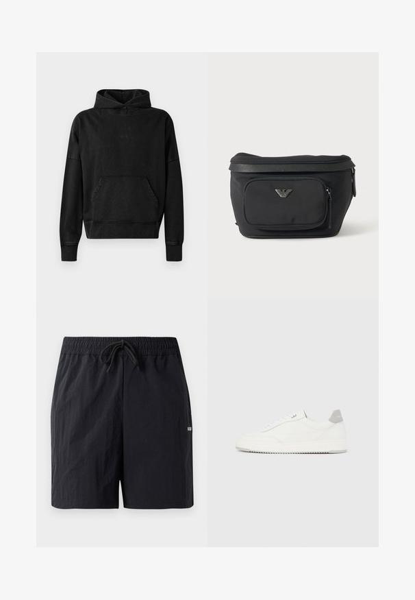 Hoodie noir avec une poche avant, des poignets et un ourlet côtelés. Présente un design minimaliste avec un petit logo "WON" sur la poitrine. Tissu doux.; Shorts de bain noirs en tissu texturé, avec une taille élastique à cordon de serrage et un petit logo sur le côté.; Baskets basses blanches avec un onglet de talon gris, des lacets blancs et une semelle texturée, présentées sur un fond uni clair.; Sac banane noir avec poche avant zippée et logo aigle argenté, tissu lisse avec bordure texturée et tirettes de fermeture éclair.