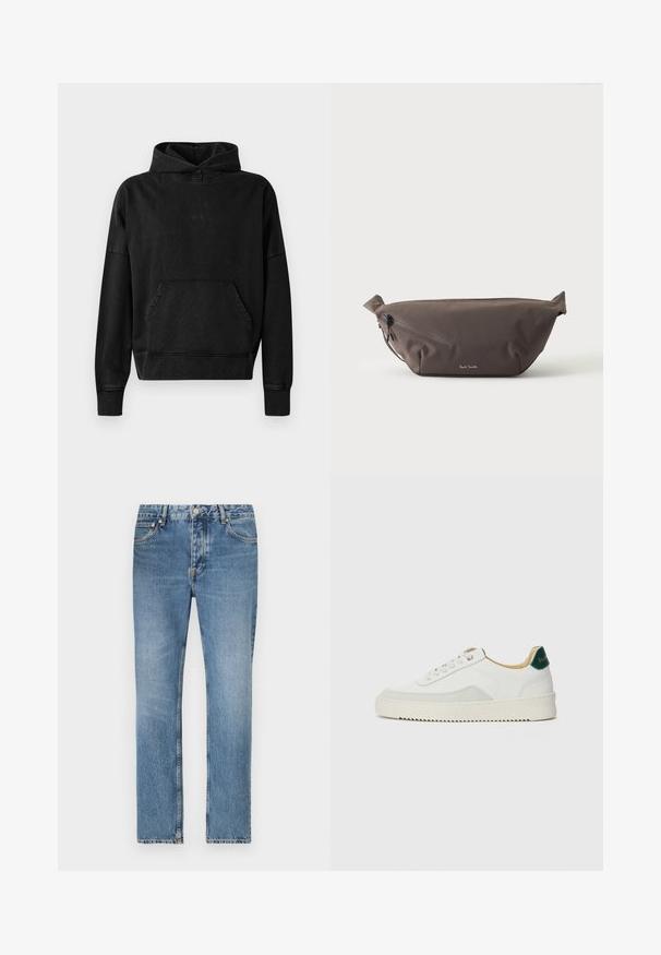 Hoodie noir avec une poche avant, des poignets et un ourlet côtelés. Présente un design minimaliste avec un petit logo "WON" sur la poitrine. Tissu doux.; Jean en denim bleu clair avec une coupe droite, cinq poches et une fermeture à glissière. Détails de décoloration et de couture distincts.; Baskets blanches avec des accents en daim, bout arrondi, lacets plats et semelle en caoutchouc crème. Présente une marque verte sur le talon.; Sac banane en tissu marron foncé avec poche zippée en diagonale et petit logo blanc sur le devant, sur un fond clair uni.
