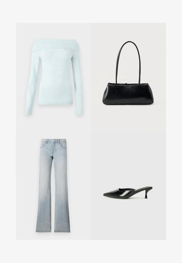 Lysblå off-the-shoulder sweater lavet af blødt, tekstureret materiale med lange ærmer og ribbede detaljer ved halsudskæringen og manchetterne.; Lyseblå denim flared jeans med en slidt finish, fem lommer og knaplukning. Stoffet har en glat tekstur og let stræk.; Sorte patenterede lædermules med spids tå, lav kittenheel og buede sider, der har en glansfuld finish og minimalistisk design.; Sort rektangulær skuldertaske med lange tynde stropper og en glat, blank tekstur på en ensfarvet baggrund.