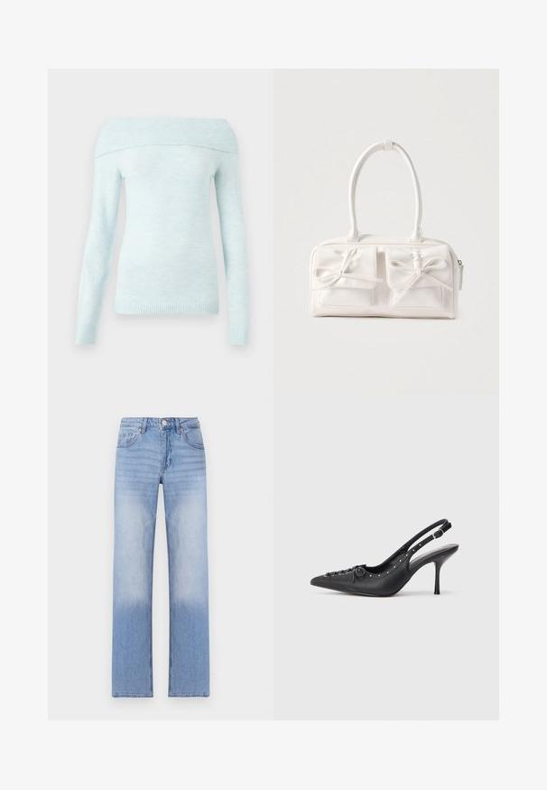 Suéter azul claro, con escote off-the-shoulder, hecho de un material suave y texturizado, con mangas largas y detalles acanalados en el cuello y los puños.; Pantalones de mezclilla azul claro con un diseño de pierna recta, que presentan un lavado deslavado en la parte inferior y un estilo clásico de cinco bolsillos.; Sandal de tacón stiletto negro de cuero con punta afilada, correa lateral con hebilla, tachuelas a lo largo del borde y cordones decorativos en la parte delantera.; Bolso sintético blanco con dos bolsillos delanteros, cada uno con un detalle de lazo atado. Textura suave, asas redondeadas y cierre de cremallera.