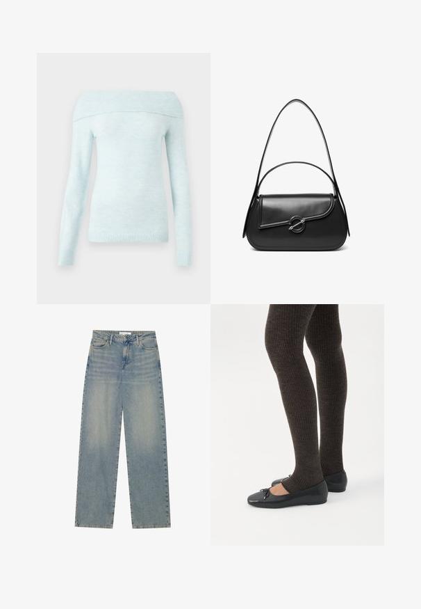 Lichtblauwe, off-the-shoulder trui van zacht, gestructureerd materiaal met lange mouwen en geribbelde accenten bij de halslijn en manchetten.; Lichtblauwe high-waist spijkerbroek met rechte pijpen, voorzakken, riemlussen en zichtbare knoop- en ritssluiting.; Benen met donkere geribbelde leggings gecombineerd met zwarte ballerina's met kleine strikdetails op een witte achtergrond.; Zwarte leren schoudertas met een gebogen klep die is bevestigd met een ronde metalen sluiting en een smalle, verstelbare band.