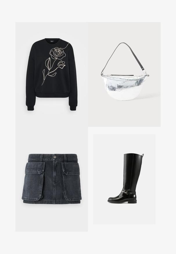 Zwarte sweatshirt met een opvallend, lichtbeige geborduurd rozenontwerp op de voorkant, met een losse pasvorm en geribde manchetten.; Zwarte denim rok met een aansluitende taille, knoopsluiting, twee grote voorzakken en contrasterende stiksel details.; Zwarte kniehoge laarzen van glanzend leer, met een zilveren gespdetail op de enkel en een afgeronde neus. Platte zool.; Zilverkleurige handtas in de vorm van een halve maan met een zwarte verstelbare schouderriem en ritssluiting op een lichte achtergrond.