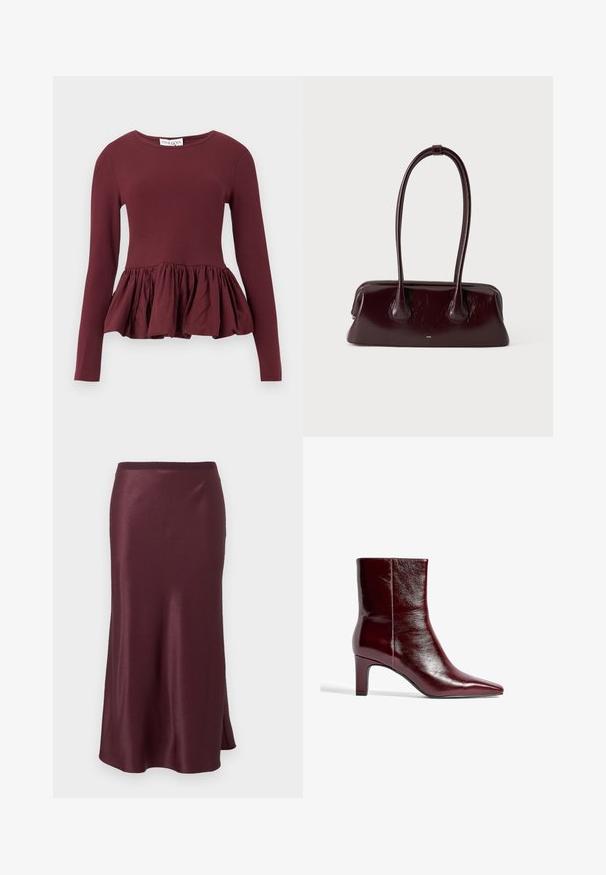 Bordeauxrotes Langarmshirt mit figurbetontem Oberteil und gerafftem Peplum-Saum. Der Stoff wirkt glatt mit leichtem Glanz. Rundhalsausschnitt.; Dunkelburgunder satinierter Midirock mit leichtem Schwung und einem dezenten seitlichen Schlitz, mit einem glatten Taillenbund.; Burgunderfarbene Leder-Ankle-Boots mit spitzem Zeh, schlankem Design und mittelhohem Blockabsatz. Glatte Oberfläche und minimale Nahtdetails.; Dunkelbraune glänzende Lederhandtasche mit langen, dünnen Griffen und einer strukturierten rechteckigen Basis auf einfachem, hellem Hintergrund.