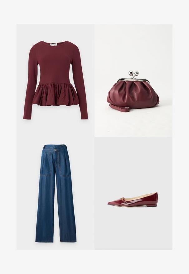 Haut bordeaux à manches longues avec un corsage ajusté et un ourlet péplum froncé. Le tissu semble lisse avec un léger éclat. Conception à encolure ronde.; Jean large de couleur bleu foncé en denim, avec deux poches avant, une fermeture à bouton et des détails de couture orange contrastants.; Ballerines en cuir verni bordeaux avec un bout pointu, présentant un petit détail découpé et un petit talon. Texture lisse et design épuré.; Petit sac pochette en cuir bordeaux avec fermoir métallique argenté et bracelet sur fond blanc.