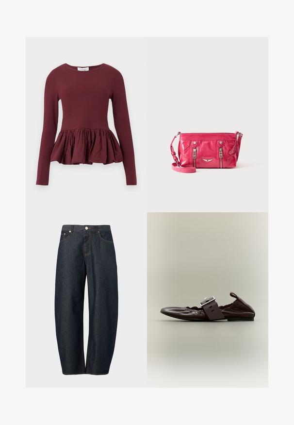 Haut bordeaux à manches longues avec un corsage ajusté et un ourlet péplum froncé. Le tissu semble lisse avec un léger éclat. Conception à encolure ronde.; Jean en denim bleu foncé à jambes larges avec bouton frontal, fermeture éclair et poches sur un fond uni.; Chaussure plate en cuir marron foncé avec une grande boucle argentée et des détails élastiques froncés, vue de côté sur un fond neutre.; Petit sac bandoulière rose brillant avec deux poches verticales zippées et une bandoulière réglable, présenté sur un fond uni.