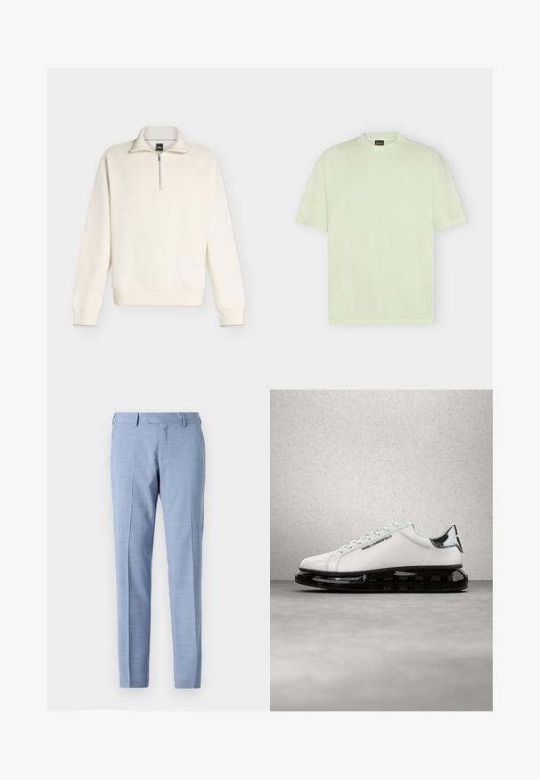 Langærmet pullover i cremefarve med ribstrikket tekstur, kvart lynlås foran og en opretstående krave.; Plain lysegrøn kortærmet t-shirt med rund hals og en lille sort og orange BOSS label på kraven.; Lyseblå skræddersyede bukser med fladt foran, sidelommer, bæltestropper og lige ben på en ensfarvet baggrund.; Hvide lædersneakers med sort gummisål og transparente detaljer. Har snørebånd og prægede logoer, sat mod et gråt gulv.