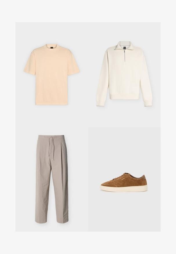 Pull à manches longues couleur crème avec texture côtelée, fermeture éclair placée sur un quart devant et col montant.; T-shirt beige uni à manches courtes avec col rond et étiquette BOSS à l'intérieur du col arrière, présenté sur un fond gris clair.; Pantalon beige texturé à cordon de serrage, jambes droites et taille élastique, présenté sur un fond blanc.; Baskets en daim marron avec bout rond, semelle en caoutchouc crème et lacets ton sur ton. Présentent un logo en relief sur le côté et un panneau arrière lisse.