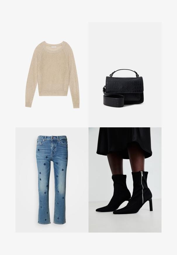 Beige strikket sweater, rund halsudskæring, lange ærmer, tekstureret stof med en let glans. Har raglanærmer og ribbet kant.; Lysblå denimjeans med lige ben, prydet med marineblå blomsterbroderi og slitageeffekter nær lommerne og kanten.; Sorte ankelstøvler med en strækbart stofoverdel, spids tå og en sidelukning med lynlås, sat på en slank, høj hæl.; Sort krokodilleder tekstureret crossbody taske med en aftagelig rem og top håndtag, der har en klaplukning og en glat overflade.