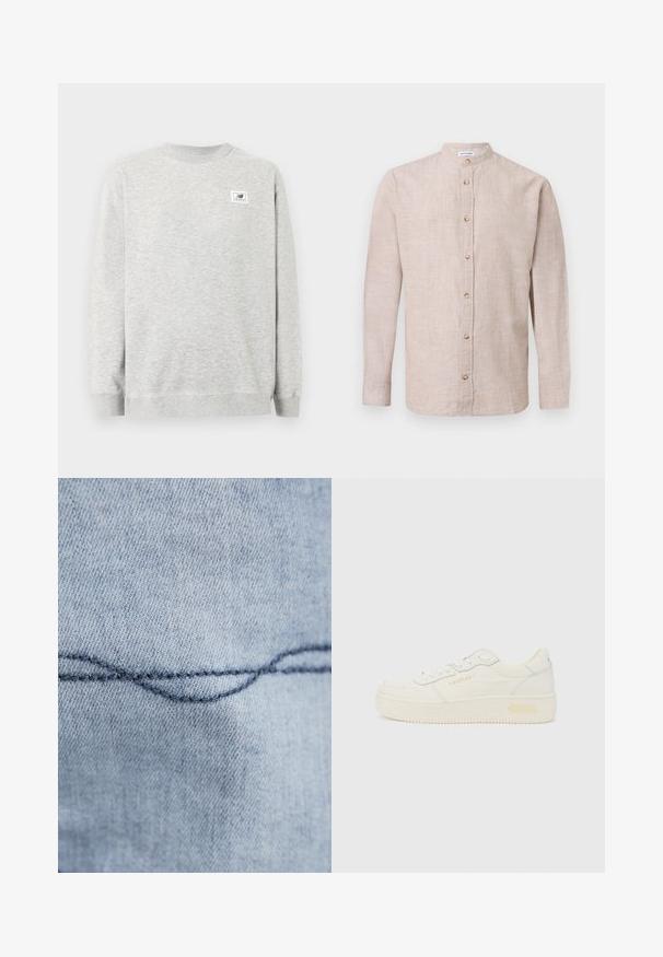 Helehall halli pikkade varrukatega pullover ja väike New Balance'i logo rinnal vasakul pool.; Beež pikkade varrukatega linane särk, millel on püstkrae ja ees pruunide nuppudega sulgur.; Hele sinine teksakangas, millel on nähtav kõver õmblus. Tekstuur näeb välja sile ja tumedat sinist niiti kasutatakse ühtlase õmbluse jaoks.; Madala piirlahusega valge tenisaking, ees paelaga kinnitatav, paks tald ja peene "REPLAY" brändinguga külgedel ja kontsal, näidatud profiilvaates.