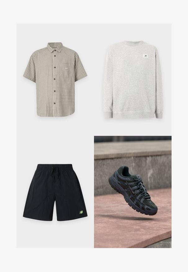 Helehall halli pikkade varrukatega pullover ja väike New Balance'i logo rinnal vasakul pool.; Lühiade varrukatega nööpidega särk heleda rohelise ja beeži ruuduline muster. Omab rinna taskut, kus on "obey" logo ja mustad nööbid.; Mustad spordisortsid elastse vöökohaga ja nööriga, millel on vasaku jala alumises osas väike roheline New Balance'i logo.; Tumehall Nike jooksujalats võrgust ja sünteetilisest materjalist disainiga, hõljumas roosaka betoonpinna kohal halli kivitausta taustal.