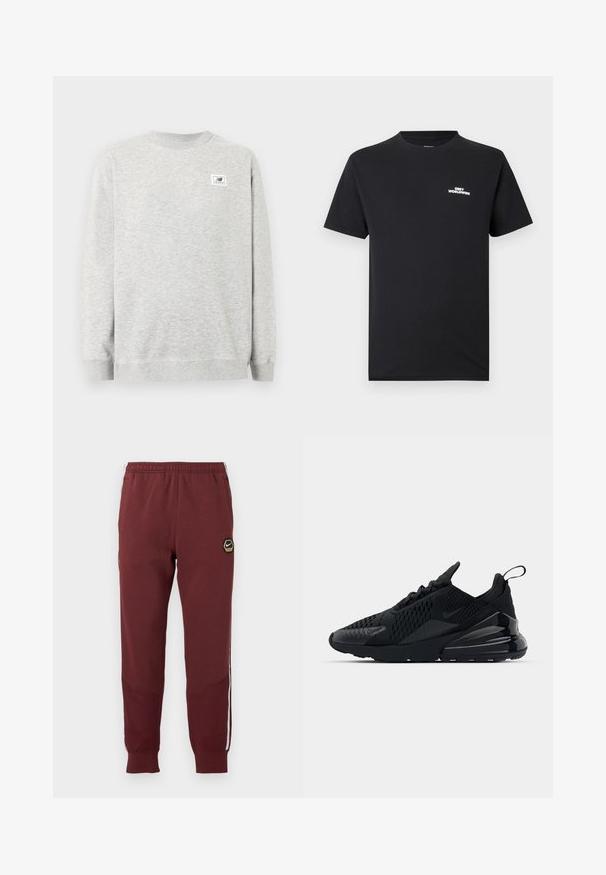 Helehall halli pikkade varrukatega pullover ja väike New Balance'i logo rinnal vasakul pool.; Mustast puuvillast T-särk ümara kaelusega, lühikeste varrukatega ja valge "OBEY WORLDWIDE" logoga rinnal.; Bordoo dressipüksid kuusnurkse Nike logoga, elastse vöökohtaga, kahe külgtaskuga ja valgete külgtriipudega. Struktuurne kangas ja kitsenev jalgade disain.; Mustad mustad Nike Air Max 270 tossud, millel on tekstuuriga ülemine osa, võrkpaneelid ja läikiv kand, kus on silmapaistev õhupuhumise üksus.