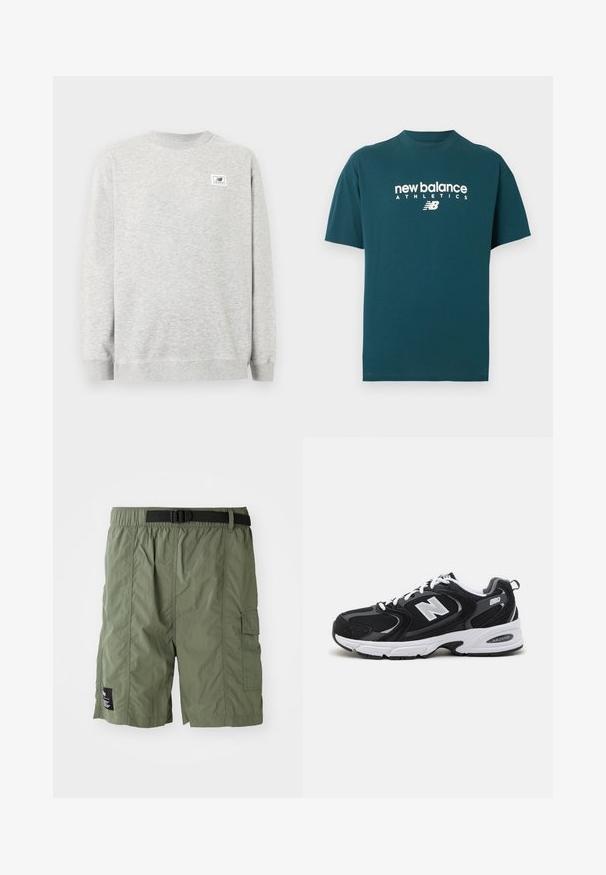 Sweat-shirt gris clair à col rond avec manches longues et petit patch du logo New Balance sur le côté gauche de la poitrine.; T-shirt à manches courtes couleur sarcelle avec col rond, texte blanc "new balance ATHLETICS" et logo centrés sur la poitrine.; Shorts cargo vert olive avec une taille élastique et une boucle noire. Ils disposent d'une poche latérale et d'un tissu texturé.; Baskets de sport noires et grises avec un tige en mesh et en suède, présentant une semelle intermédiaire blanche, des lacets et un logo "N" audacieux sur le côté.