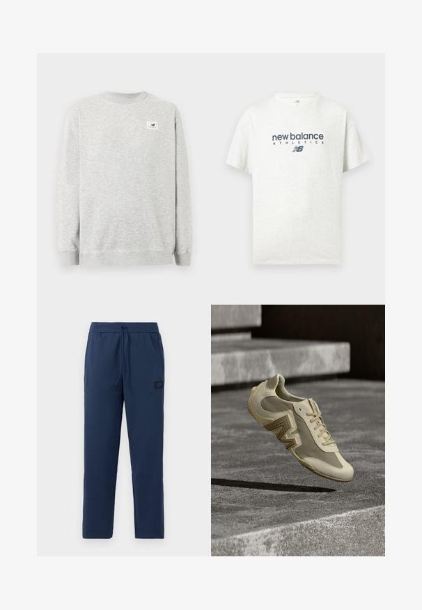 Lichtgrijze crewneck-trui met lange mouwen en een klein New Balance-logo op de linkerborst.; Witte T-shirt met korte mouwen en ronde hals, bedrukt met "new balance ATHLETICS" en het "NB" logo in donkerblauw op het midden aan de voorkant.; Donkerblauwe joggingsbroek van een zachte katoenmix, met een elastische tailleband met trekkoord en een klein merkje op de heup.; Beige sportschoen met een gestructureerd zijpaneel, veters en een ronde neus, zwevend boven een betonnen oppervlak met contrasterende schaduwen.