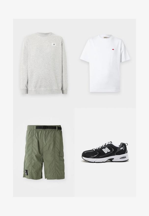 Sudadera de cuello redondo de color gris claro con mangas largas y un pequeño parche con el logotipo de New Balance en el pecho izquierdo.; Camiseta blanca de manga corta con cuello redondo, pequeño logo rojo en el pecho izquierdo y etiqueta de la marca dentro del cuello.; Pantalones cortos cargo de color verde oliva con cintura elástica y hebilla negra. Incluyen un bolsillo lateral y un tejido texturizado.; Zapatillas deportivas en negro y gris con parte superior de malla y ante, que cuentan con una entresuela blanca, cordones y un llamativo logo "N" en el lateral.