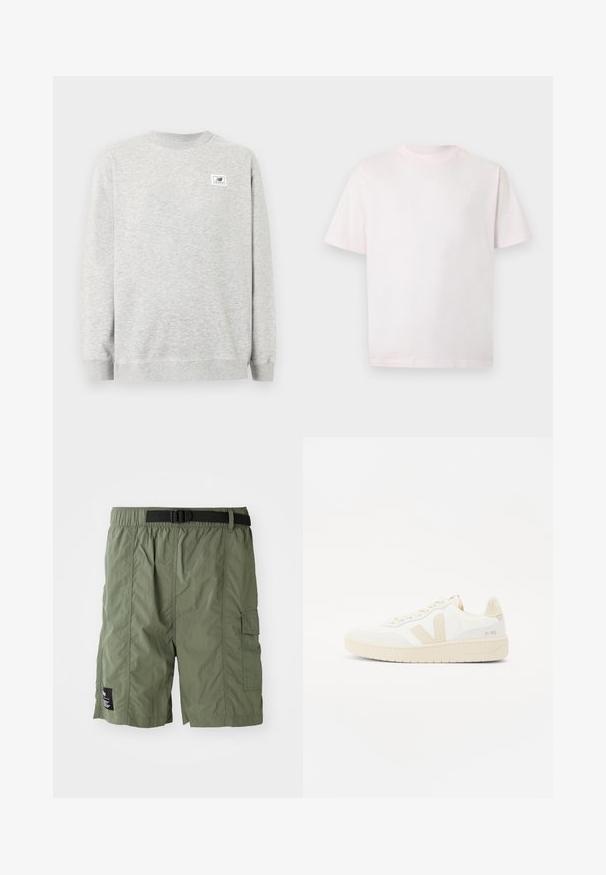 Lichtgrijze crewneck-trui met lange mouwen en een klein New Balance-logo op de linkerborst.; Effen lichtroze T-shirt met korte mouwen en een ronde hals, voorzien van een klein wit logo op de linkerborst, weergegeven tegen een grijze achtergrond.; Olijfgroene cargoshorts met een elastische tailleband en een zwarte gesp. Voorzien van een zijzak en een gestructureerde stof.; Witte sneaker met beige accenten, voorzien van een gestructureerde bovenkant, ronde neus en een dikke rubberen zool. Het ontwerp bevat het iconische V-logo en merkbranding.