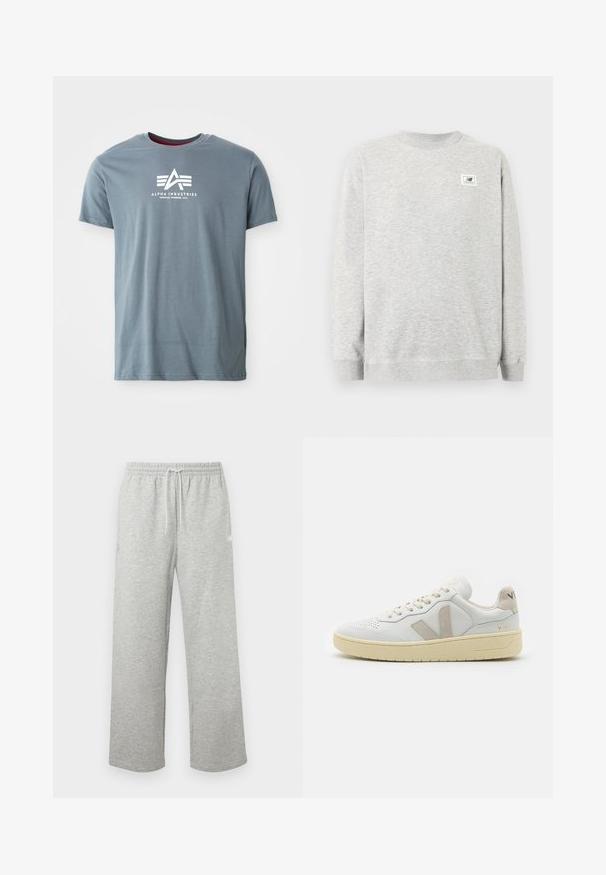Lysegrå crewneck-sweatshirt med lange ærmer og lille New Balance-logo på venstre bryst.; Grå bomulds t-shirt med rund halsudskæring og korte ærmer. Forsiden viser et hvidt logo med trekantet design og tekst.; Lysegrå joggingbukser med snøre i taljen, elastisk taljebånd og løse, lige ben, vist på ensfarvet baggrund.; Hvide lædersneakers med beige ruskindsdetaljer, teksturerede paneler, flade snørebånd og en cremet gummisål. "V-90" logo på hælen.