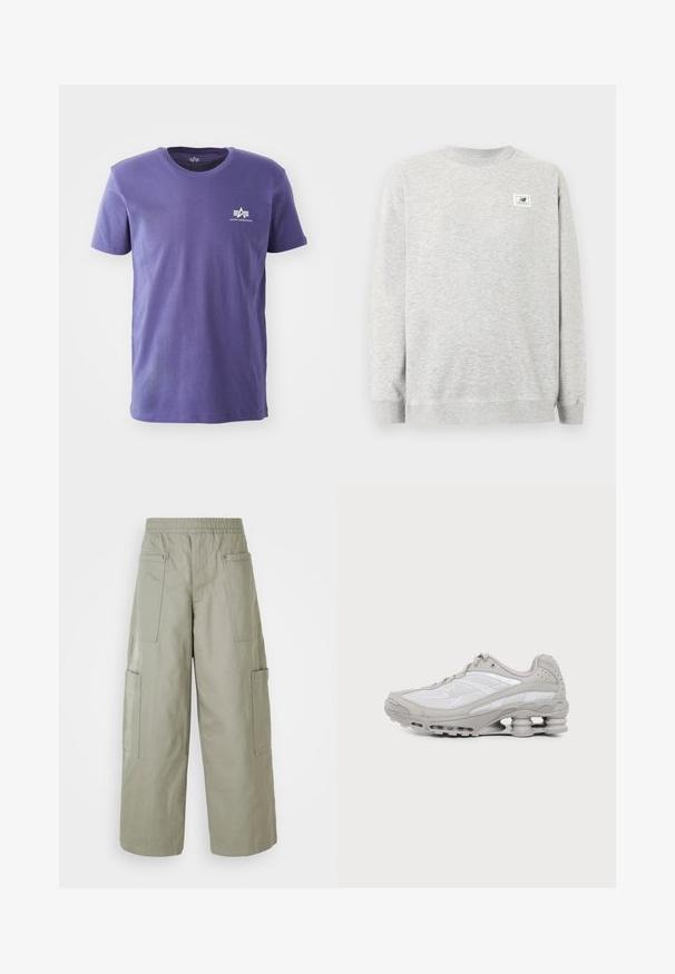 Helehall halli pikkade varrukatega pullover ja väike New Balance'i logo rinnal vasakul pool.; Lilla lühikeste varrukatega ümara kaelusega T-särk, millel on vasakul rinnal väike valge Alpha Industries logo valgel taustal.; Laiad, oliivrohelised cargo-püksid elastse vöökohtadega, mitme tasku ja sileda tekstuuriga. Kokkuklapitav laius allääris.; Hall-valge spordijalats nähtava õhkmadratsi ja võrgust detailidega, esitatud küljepildina lihtsal heledal taustal.