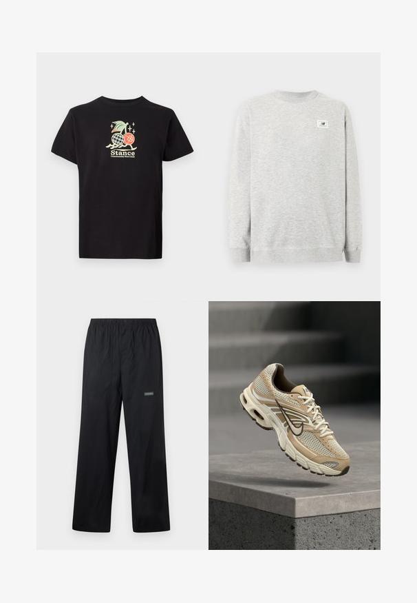 Lysegrå crewneck-sweatshirt med lange ærmer og lille New Balance-logo på venstre bryst.; Sort bomulds t-shirt med et farverigt grafisk print af en ananas og kirsebær, teksten lyder "Stance Community Run Club." Korte ærmer.; Sorte letvægts udendørsbukser med elastisk talje, knap foran, to forlommer og lille Columbia-logo på højre lår.; Beige og hvid Nike løbesko med mesh paneler og sort swoosh, der svæver over en betonkant med slørede trapper i baggrunden.