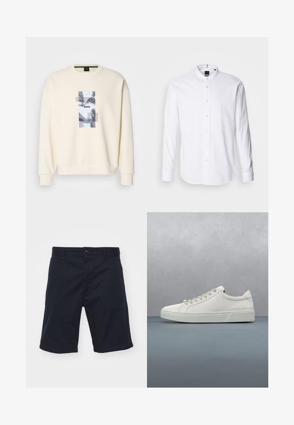 Sudadera color crema con cuello redondo, mangas largas y un estampado gráfico central que presenta la palabra "BOSS" y patrones abstractos en gris.; Camisa blanca de manga larga con cuello de banda, cierre de botones en el frente y dobladillo redondeado. Hecha de algodón, presenta una textura suave y un brillo sutil.; Pantalones cortos de algodón azul marino con cierre de botón, corte recto y bolsillos frontales. Presentan una textura suave y un diseño sencillo.; Zapatilla blanca de cuero con punta redondeada, diseño minimalista, cordones grises y suela de goma texturizada gris. Detalles de costura sutiles visibles.