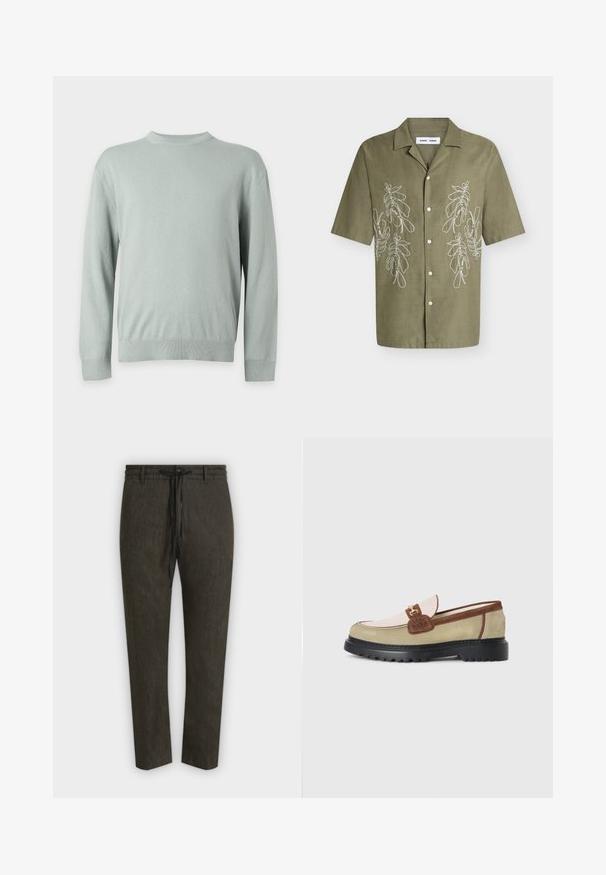 Pull gris clair à manches longues et col rond en tissu fin tricoté avec poignets et ourlet côtelés.; Chemise olive à manches courtes boutonnée, broderie florale blanche sur le devant et col classique.; Pantalon droit vert olive foncé avec taille élastique et cordon noir, présenté à plat sur fond gris clair.; Loafer avec des panneaux en suède beige, rose clair et marron, accent en boucle en métal doré et semelle épaisse en caoutchouc noir avec un motif de crans.