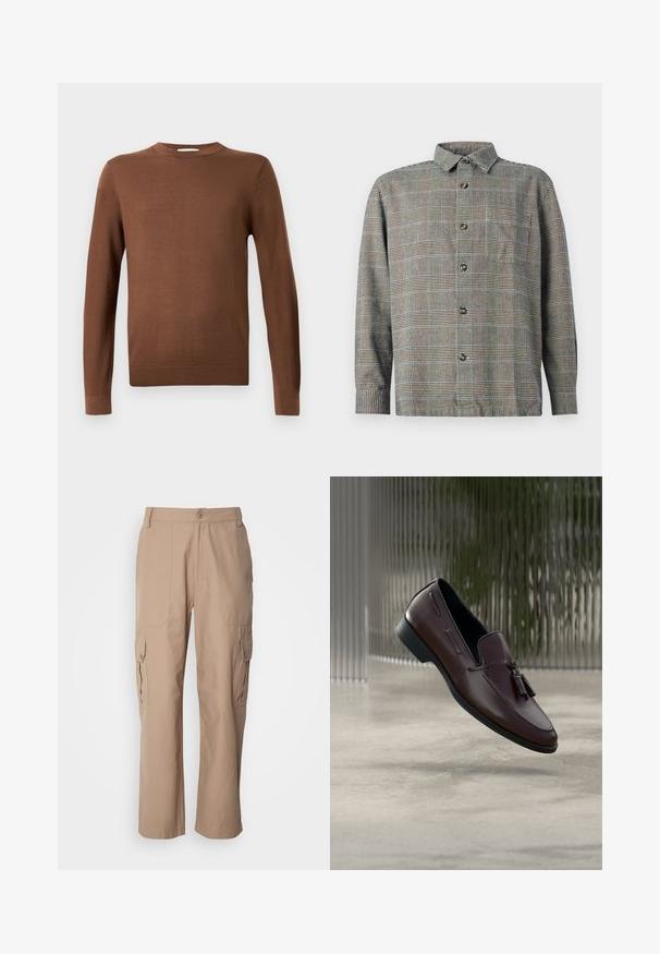 Pull-over marron à manches longues avec un col rond, doté de poignets et d'un ourlet côtelés, présenté sur un fond gris clair uni.; Chemise à manches longues à boutons en motif à carreaux beige et noir avec col et poche poitrine avant sur fond uni.; Pantalons cargo en khaki en tissu léger, dotés de deux poches latérales, d'une fermeture à bouton et d'un design à jambes droites.; Mocassins en cuir marron à texture lisse, ornés de glands décoratifs et d'une couture surélevée, présentés sur un fond minimaliste.