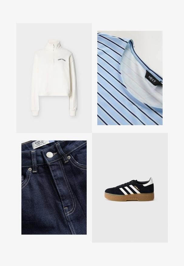 Biely dlhý rukáv mikina s polovičným zipsom a nápisom "TOMMY JEANS" na ľavej strane hrudníka a rebrovanými manžetami, zobrazená na jednoduchom pozadí.; Svetlomodré tričko s vodorovnými námorníckymi modrými a bielymi pásmi, okrúhlym výstrihom a hladkou textúrou. Štítok nesie nápis "NEXT".; Next WIDE - Široké nohavice - rinse; Čierna semišová teniska s bielymi tromi pruhmi a zlatým logom. Podrážka v gumovej farbe s textúrovaným gripom. Klasický nízky dizajn s okrúhlou špičkou.