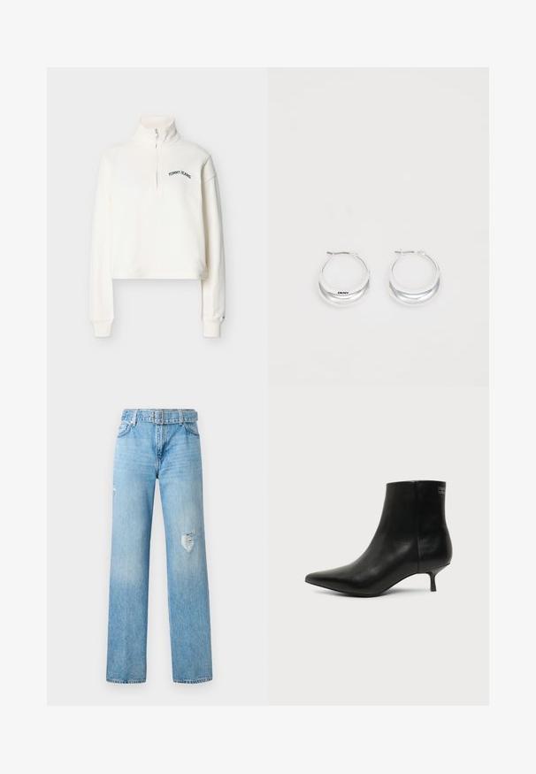 Witte lange mouwen kwart-ritssluiting trui met de tekst "TOMMY JEANS" op de linkerborst en geribbelde manchetten, weergegeven op een effen achtergrond.; Lichtblauwe denim jeans met een wijde pijp, voorzien van versleten details op de knieën en een klassiek vijf-pocket ontwerp met riemlussen.; Zwart leren enkellaars met puntige neus en lage kittenhak op lichte achtergrond, zijaanzicht buitenkant.; Zilveren creolen met een gepolijste afwerking en DKNY-branding, weergegeven tegen een effen witte achtergrond.