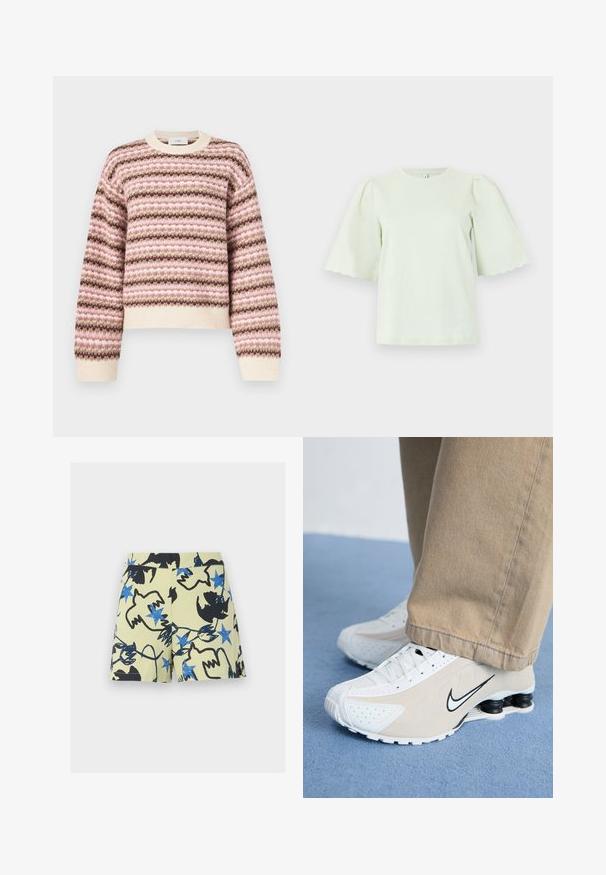 Jersey de punto con rayas horizontales en rosa, crema y marrón. Cuello redondo clásico, puños y dobladillo acanalados con una textura suave.; Blusa verde pastel de manga corta con mangas anchas con bordes ondulados y cuello redondo sobre un fondo liso.; Pantalones cortos beige con un patrón abstracto de aves negras y estrellas azules dispersas en la tela.; Zapatillas Nike blancas y beige con diseño perforado, logo de swoosh negro, parte superior texturizada y distintivo talón negro elástico.