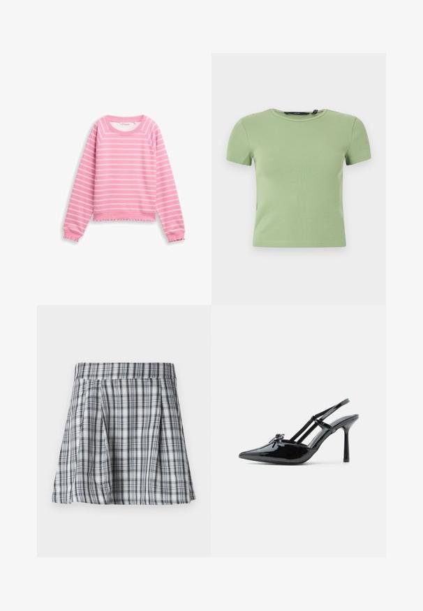 Lyserød langærmet sweatshirt med hvide horisontale striber, ribbet krave, manchetter og flæsedetalje forneden.; Lysegrøn ribbet crop top med korte ærmer, rund halsudskæring og tætsiddende pasform på hvid baggrund.; Ribet mini nederdel i grå og hvid med plisseringer og en talje. Fremstillet af letvægtigt stof med lodrette og vandrette striber.; Sort lakeret læder højhælet slingback-sko med spids tå, tynd hæl og dobbelt remdetalje over vristen.