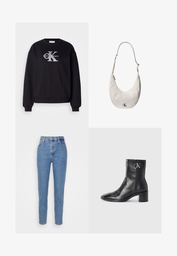 Čierna mikina vyrobená z bavlny s hrubým výstrihom a manžetami. Má predné logo s nápisom "Calvin Klein" a "CK" v striebornom vyšívaní.; Modré vysoko sohnuté rovné nohavice s predným gombíkom a zipsom, pútka na opasok a vrecká, vystavené na jednoduchom bielom pozadí.; Čierne kožené členkové čižmy s špicatou špičkou, blokovým podpätkom a pásikom s kovovým logom. Hladká textúra a minimalistický dizajn.; Biely kožený ramenný vak v tvare polmesiaca s nastaviteľným remienkom, zipsovým uzáverom a čiernym logom Calvin Klein na prednej strane.