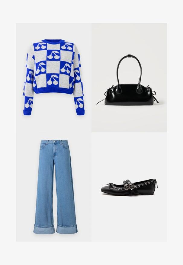 Blå og hvid ternet strikket sweater med kirsebærmotiver på hver firkant, med lange ærmer og rund halsudskæring.; Lyseblå denim bukser med vide ben har høj talje, optrillede nederkanter, fem lommer og en knaplukning med lynlås.; Sort flad balletsko med dobbelt spænde, sølvøjer og en lille sløjfe nær den runde tå på en hvid baggrund.; Lille sort blank håndtaske med to lange håndtag og snøre-detaljer i siden på en ensfarvet lys baggrund.