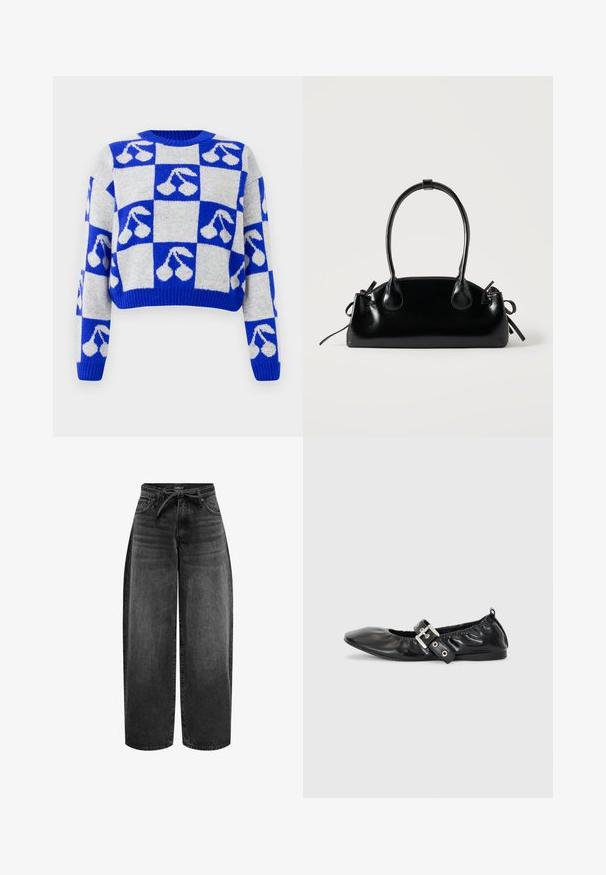 Blå og hvid ternet strikket sweater med kirsebærmotiver på hver firkant, med lange ærmer og rund halsudskæring.; ONLY Straight fit ONLGIANNA Mid waist Balloon - Jeans Straight Leg - washed black; Sorte læder flade sko med spids tå, samling detaljer omkring åbningen, og en sølv spænde accent på den justerbare rem.; Lille sort blank håndtaske med to lange håndtag og snøre-detaljer i siden på en ensfarvet lys baggrund.