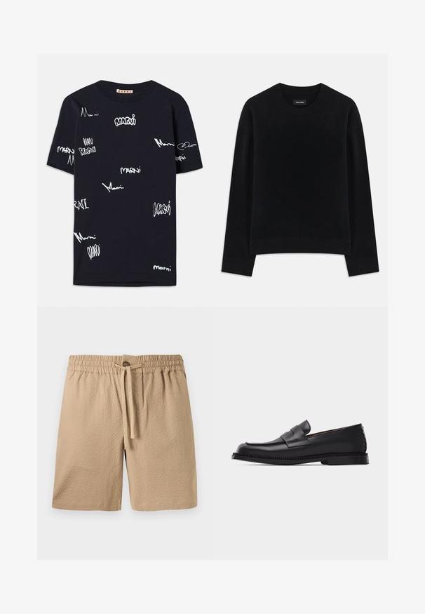 Suéter negro hecho de tela suave, con cuello redondo, mangas largas, corte relajado y dobladillo acanalado. Diseño simple y sólido sin patrones.; Camiseta de algodón negra con logotipos "Marni" escritos a mano en blanco de varios tamaños repartidos por toda la tela, cuello redondo y mangas cortas.; Pantalones cortos de tela texturizada beige con cintura elástica, cordón ajustable y cierre con un solo botón en el centro delantero.; Mocasín de cuero negro con tacón bajo, punta redondeada y una correa decorativa en la parte superior, sobre un fondo claro y simple.