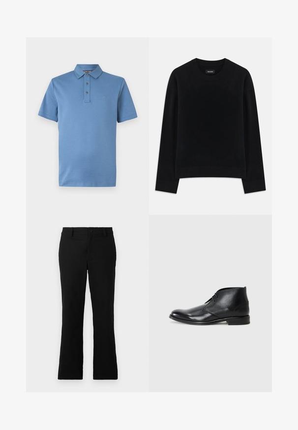 Zwarte trui van zacht materiaal, met een ronde hals, lange mouwen, ontspannen pasvorm en ribgebreide zoom. Eenvoudig, effen ontwerp zonder patronen.; Blauw poloshirt met korte mouwen, klassieke kraag, drieknopenbies en subtiel "MK"-logo op de linkerborst.; Zwarte uitlopende broek van een katoenmix, voorzien van een knoopsluiting, riemlussen en een gladde textuur zonder zichtbare patronen.; Zwarte leren enkellaars met twee oogjes, ronde neus, lage gestapelde hak en eenvoudige gestikte details, zijaanzicht op witte achtergrond.