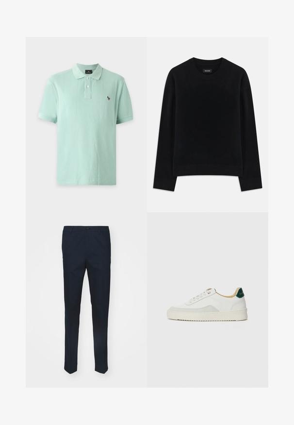Pull noir en tissu doux, à col rond, à manches longues, avec une coupe décontractée et un ourlet côtelé. Design simple et uni, sans motifs.; Polo vert clair à manches courtes avec deux boutons blancs et petit logo zèbre brodé sur la poitrine gauche.; Pantalons bleu marine en tissu tissé, avec une coupe droite, une fermeture à bouton et des plis avant pour une apparence raffinée.; Baskets blanches avec des accents en daim, bout arrondi, lacets plats et semelle en caoutchouc crème. Présente une marque verte sur le talon.