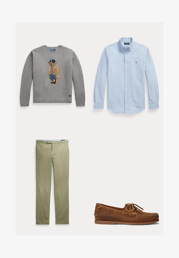 Pull gris avec un ours brodé portant un manteau beige, un pull coloré, un jean, des chaussures marron et une casquette bleu marine avec "NY" dessus.; Chemise bleu clair à manches longues avec des rayures verticales blanches et un petit logo Polo Ralph Lauren brodé sur la poitrine gauche.; Chino beige pour homme, coupe droite, avec passants de ceinture et poches avant, présenté à plat sur fond blanc.; Chaussure bateau en cuir marron avec couture mocassin, détail du lacet passant dans des œillets métalliques, et semelle plate en caoutchouc vue de profil.