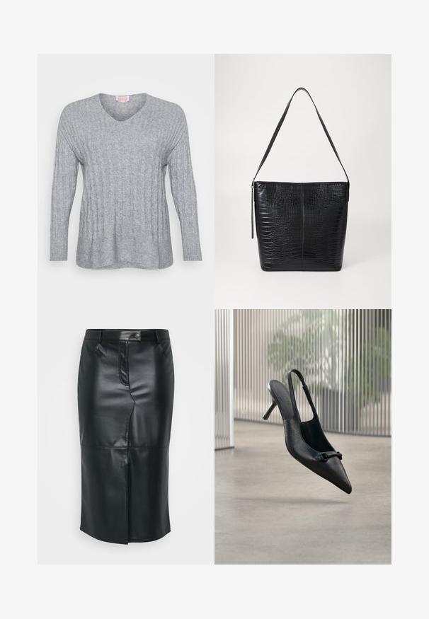 Grå strikket sweater med V-hals, ribbede manchetter og et tekstureret design med lodrette linjer og en let løs pasform.; Sort læder blyantskirt med en mellemlang længde, frontslids, knaplukning og subtile stikninger. Glat, elegant tekstur.; Sort tekstureret læder slingback højhælet sko med spids tå og lille dekorativ spænde, svævende over en glat gulv.; Sort håndtaske i krokodillepræget læder med flad krop, justerbar rem og lynlåslukning. Glat tekstur med struktureret form.