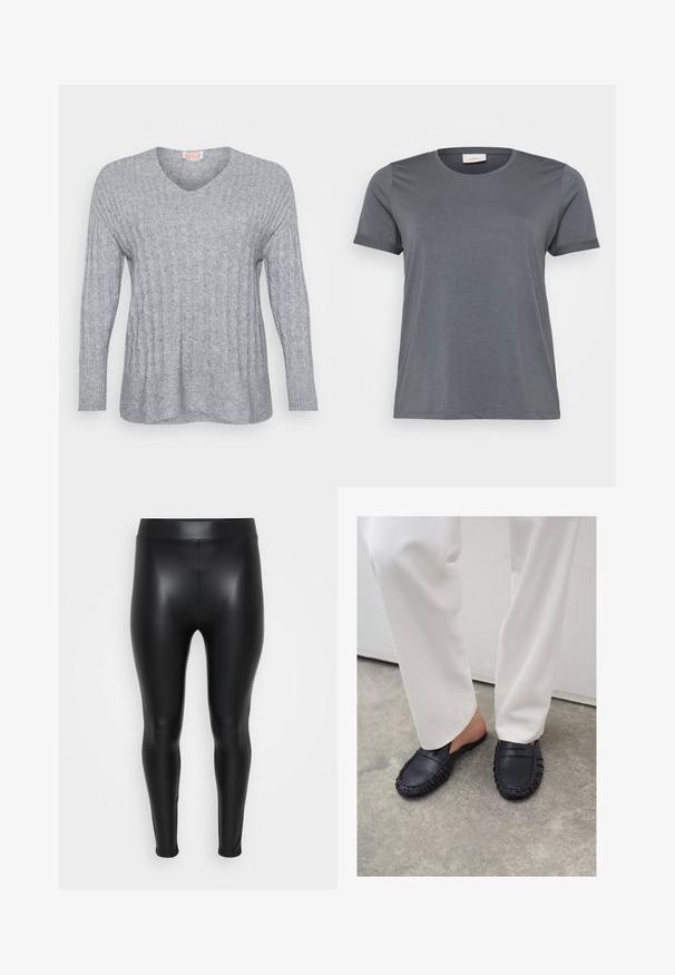 Grå strikket sweater med V-hals, ribbede manchetter og et tekstureret design med lodrette linjer og en let løs pasform.; Grå kortærmet T-shirt lavet af blødt stof, med en klassisk rund halsudskæring og oprullede ærmer. Glat tekstur uden synlige mønstre.; Sorte leggings lavet af et glat, skinnende materiale. Høj talje, tætsiddende design, og ingen synlige sømme eller mønstre.; Person iført hvide bukser og sorte læder slip-on loafers, der står på betongulv.