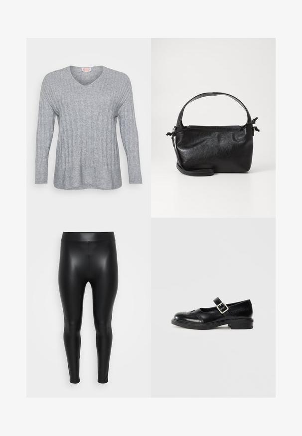 Grauer gestrickter Pullover mit V-Ausschnitt, gerippten Bündchen und einem strukturierten Design mit vertikalen Linien sowie einer leicht lockeren Passform.; Schwarze Leggings aus einem glatten, glänzenden Material. Hoher Bund, enganliegendes Design und keine sichtbaren Nähte oder Muster.; Schwarze Leder-Mary-Jane-Schuhe mit niedrigem Blockabsatz, runder Zehenform, dekorativen Broguemuster und einem verstellbaren Riemen mit einer Metallschnalle.; Schwarze Lederhandtasche mit strukturiertem Design, rundem Haltegriff und abnehmbarem Schulterriemen. Sie weist eine glatte Oberfläche und einen subtilen Glanz auf.