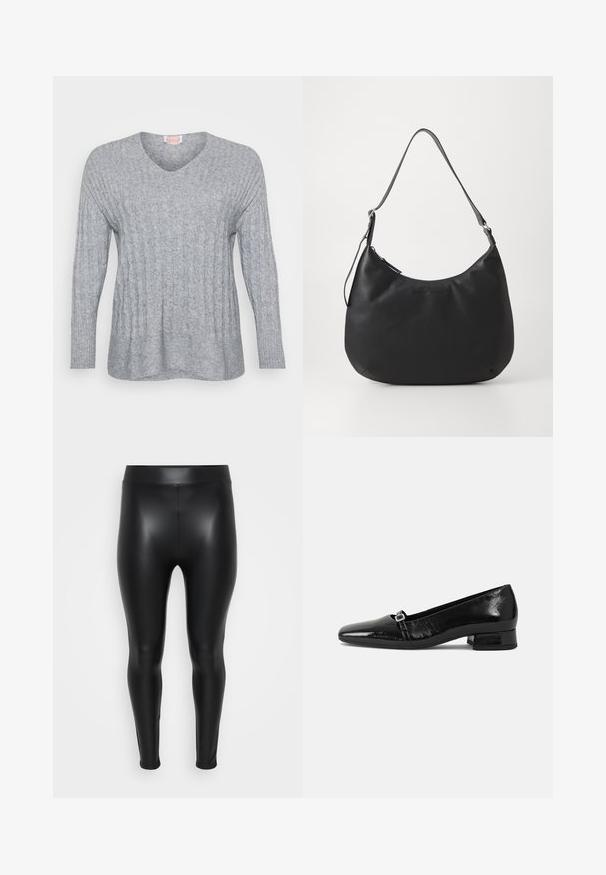 Grauer gestrickter Pullover mit V-Ausschnitt, gerippten Bündchen und einem strukturierten Design mit vertikalen Linien sowie einer leicht lockeren Passform.; Schwarze Leggings aus einem glatten, glänzenden Material. Hoher Bund, enganliegendes Design und keine sichtbaren Nähte oder Muster.; Schwarze Lackleder-Ballettschuhe mit spitzem Zehenbereich, niedrigem quadratischem Absatz und einem kleinen metallischen Schnallenakzent am Riemen. Glatte Textur.; Schwarze Hobo-Tasche aus glattem, strapazierfähigem Material. Verfügt über einen einzelnen verstellbaren Tragegurt und ein dezentes, eingeprägtes Logo auf der Vorderseite.