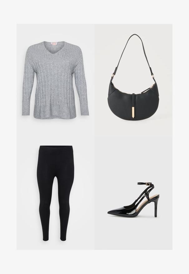 Grå strikket sweater med V-hals, ribbede manchetter og et tekstureret design med lodrette linjer og en let løs pasform.; Sorte leggings med en glat tekstur, høj talje og en tætsiddende form. Har subtile sidelayout langs sømmen.; Sorte laklæder højhælede slingback-sko med spids tå, justerbar ankelrem og åben sider. Glat tekstur.; Sort håndtaske formet som en halvmåne med en enkelt rem, guld lynlås og en guldfarvet rektangulær dekorativ fane foran.