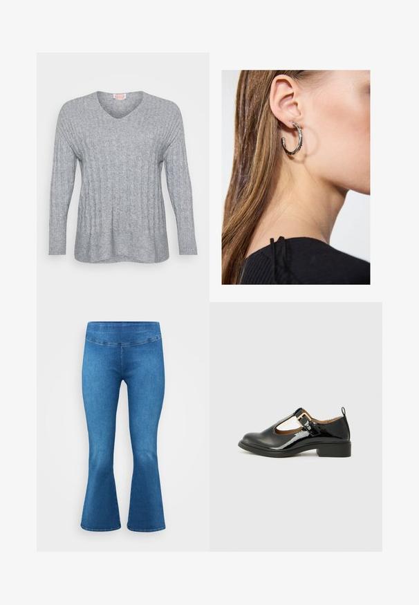 Suéter gris de punto con escote en V, puños acanalados y un diseño texturizado con líneas verticales y un corte ligeramente holgado.; Pantalones de mezclilla azules acampanados con una cintura de altura media, que presentan una textura suave y un diseño clásico de cinco bolsillos. Terminados con un sutil detalle de costura.; Zapato Mary Jane de charol negro con punta redondeada, correa al tobillo, detalle de hebilla dorada y un tacón bajo tipo bloque. Textura suave.; Pendiente de aro de plata con un acabado pulido, que presenta pequeños detalles en dorado y una forma redonda, llevado en el lóbulo.