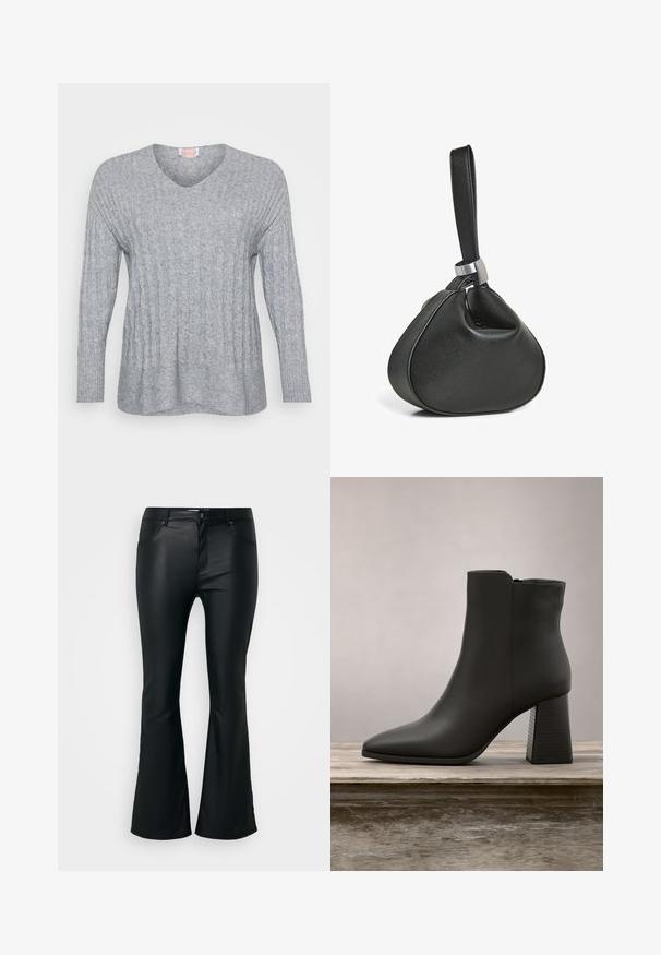 Grauer gestrickter Pullover mit V-Ausschnitt, gerippten Bündchen und einem strukturierten Design mit vertikalen Linien sowie einer leicht lockeren Passform.; Schwarze, ausgestellte Hosen aus einem glatten, glänzenden Material. Verfügt über fünf Taschen, Gürtelschlaufen und einen Reißverschluss mit Knopfverschluss.; Schwarze Leder-Ankle Boots mit spitzer Zehenpartie und Blockabsatz, ausgestattet mit einer strukturierten schwarzen Partie und einer glatten Oberfläche.; Schwarze Leder-Handgelenktasche mit weicher dreieckiger Form und einem breiten Riemen, der durch eine silberne Metallöse befestigt ist.