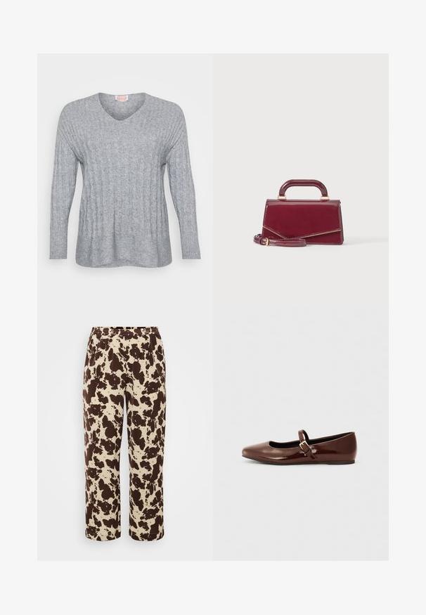 Grå strikket sweater med V-hals, ribbede manchetter og et tekstureret design med lodrette linjer og en let løs pasform.; Brune og creme mønstrede sweatpants med elastisk talje og lige ben-design, fremstillet af blødt, let stof.; Brun patentlæder balletflade med firkantet tå og strop med en lille guldbuckle. Glat tekstur, lav hæl og minimalistisk design.; Lille blank bordeaux håndtaske med topgreb og aftagelig skulderrem, vist mod en ensfarvet lys baggrund.