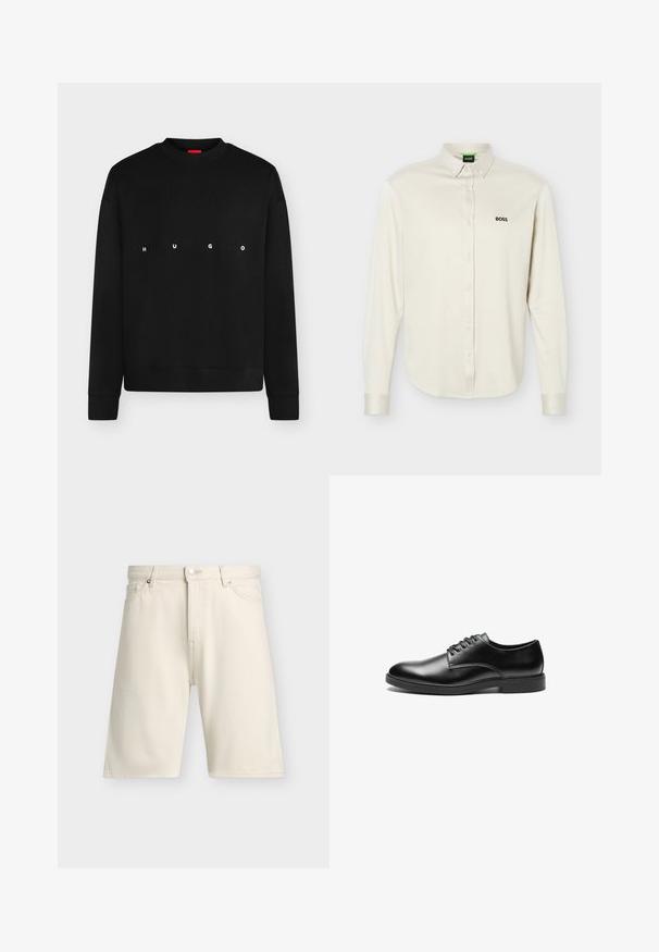 Sweat-shirt noir à manches longues col rond avec "HUGO" imprimé en lettres blanches espacées sur la poitrine.; Chemise blanche à manches longues avec col, logo noir "BOSS" sur le côté gauche de la poitrine, et poignets à boutons, présentée sur un fond uni.; Short beige longueur genou avec bouton sur le devant, fermeture éclair, passants pour ceinture, deux poches avant et un design épuré et simple.; Chaussure habillée en cuir noir avec une finition lisse, bout arrondi, design à lacets à six œillets et semelle plate en caoutchouc.