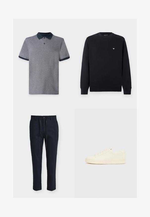 Sweatshirt bleu marine en coton, avec un col rond, des manches longues, et un petit logo blanc sur la poitrine. Ourlet et poignets plats.; Polo gris à manches courtes avec col et bords de manches bleu marine foncé, doté de deux boutons et d’un petit logo sur la poitrine sur un fond uni.; Pantalon homme bleu marine ajusté avec passants de ceinture, bouton sur le devant, fermeture éclair et cordon noir sur fond blanc.; Baskets couleur crème avec une tige en cuir lisse, bout arrondi, laçage à l'avant et semelle en caoutchouc texturée. Design minimaliste, sans logo.