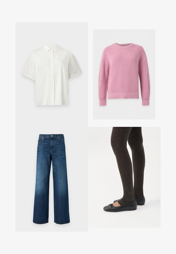 Pull en tricot rose doux à manches longues, col rond, poignets et ourlet côtelés sur fond blanc.; Chemise blanche à manches courtes avec boutons et col, présentée à plat sur un fond blanc uni.; Jean bleu à jambes larges avec poches avant, passants de ceinture et bouton de fermeture sur fond uni.; Jambes portant des leggings côtelés foncés associés à des ballerines noires avec de petits détails en nœud sur fond blanc.